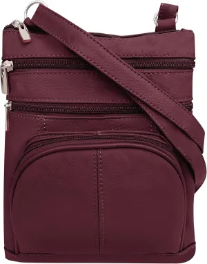 Roma Leathers' Cross Body Purse - Premium Wine Colored Cowhide Leather - Multi Zippered Pockets - Front Organizer Pocket With Credit Card Slots - Adjustable Shoulder Strap - Designed in U.S.A.
