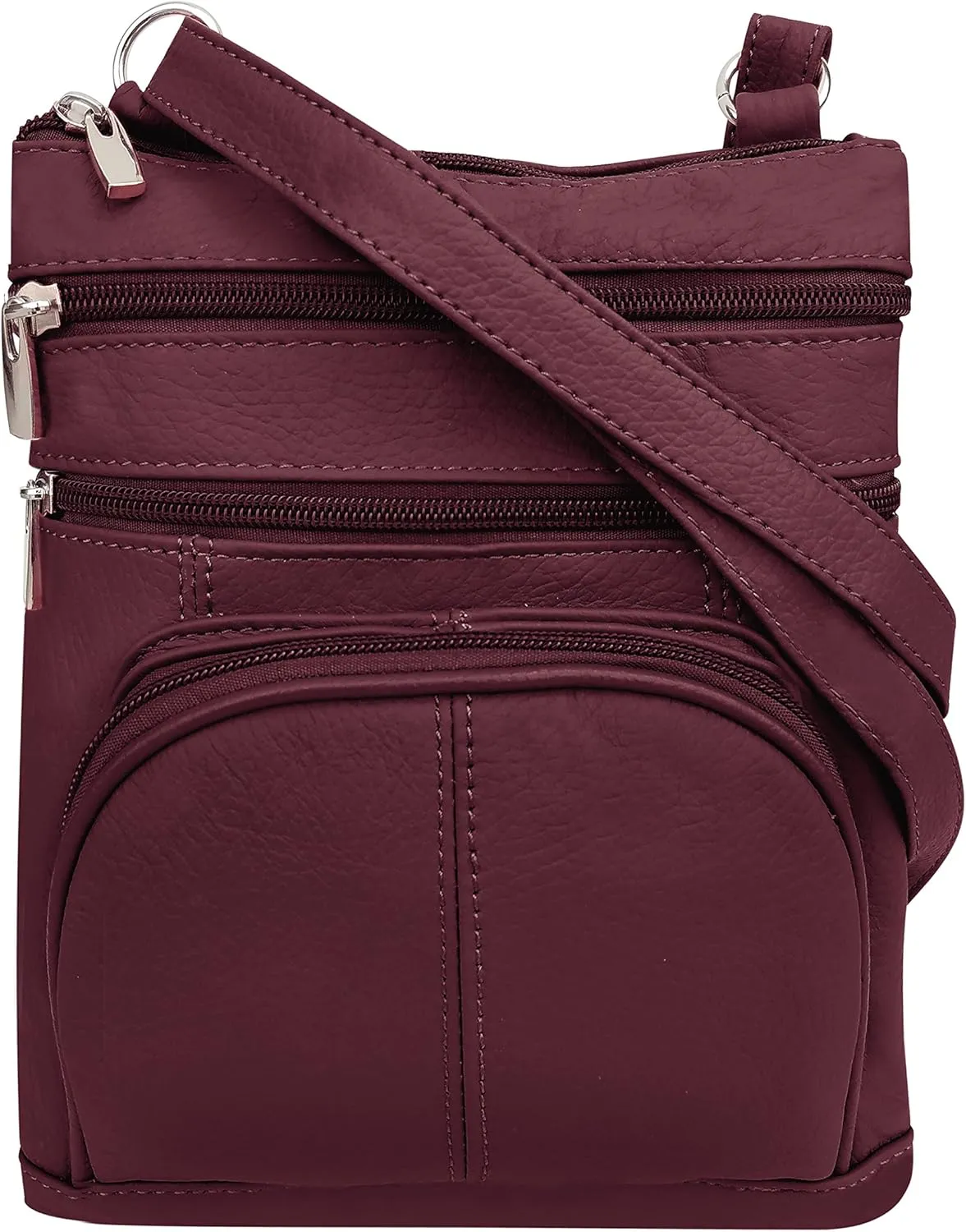 Roma Leathers' Cross Body Purse - Premium Wine Colored Cowhide Leather - Multi Zippered Pockets - Front Organizer Pocket With Credit Card Slots - Adjustable Shoulder Strap - Designed in U.S.A.
