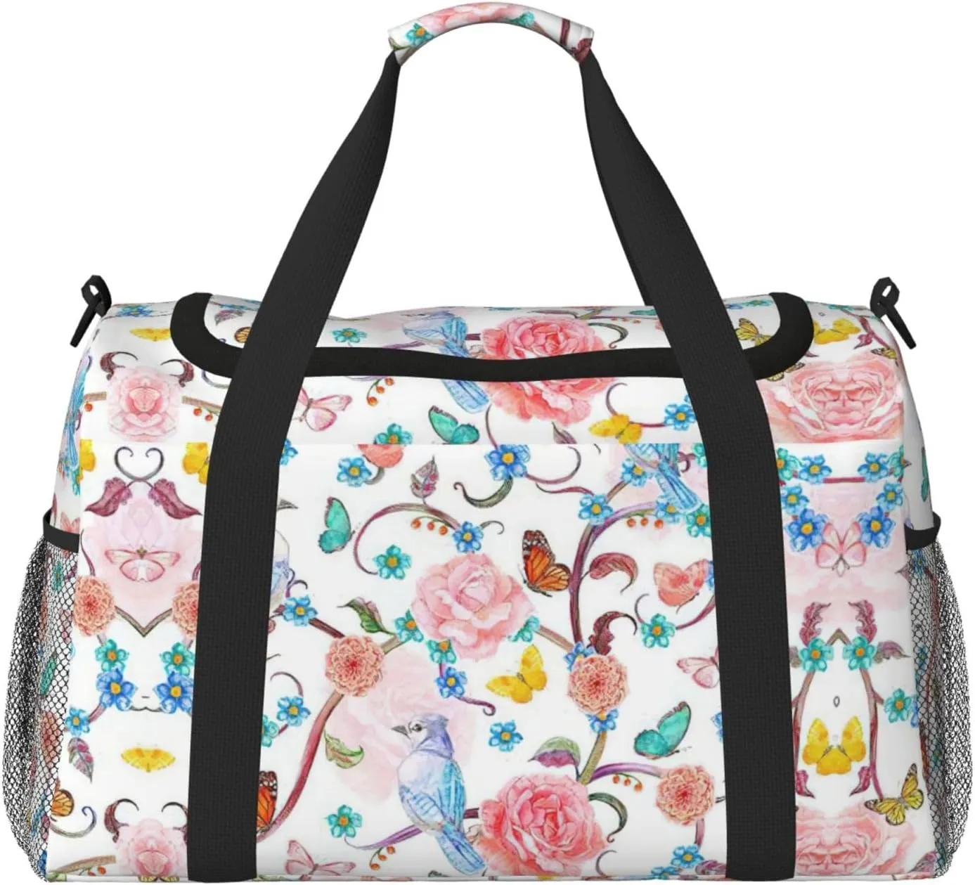 Romantic Fancy Floral Birds Butterfly Print Everyday Use Travel Duffle Bag Large Capacity Travel Bag Stylish Functional Bag