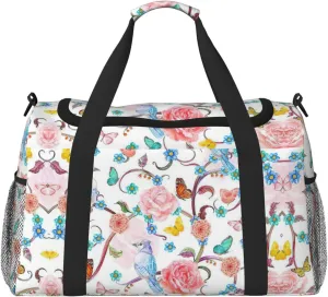 Romantic Fancy Floral Birds Butterfly Print Everyday Use Travel Duffle Bag Large Capacity Travel Bag Stylish Functional Bag