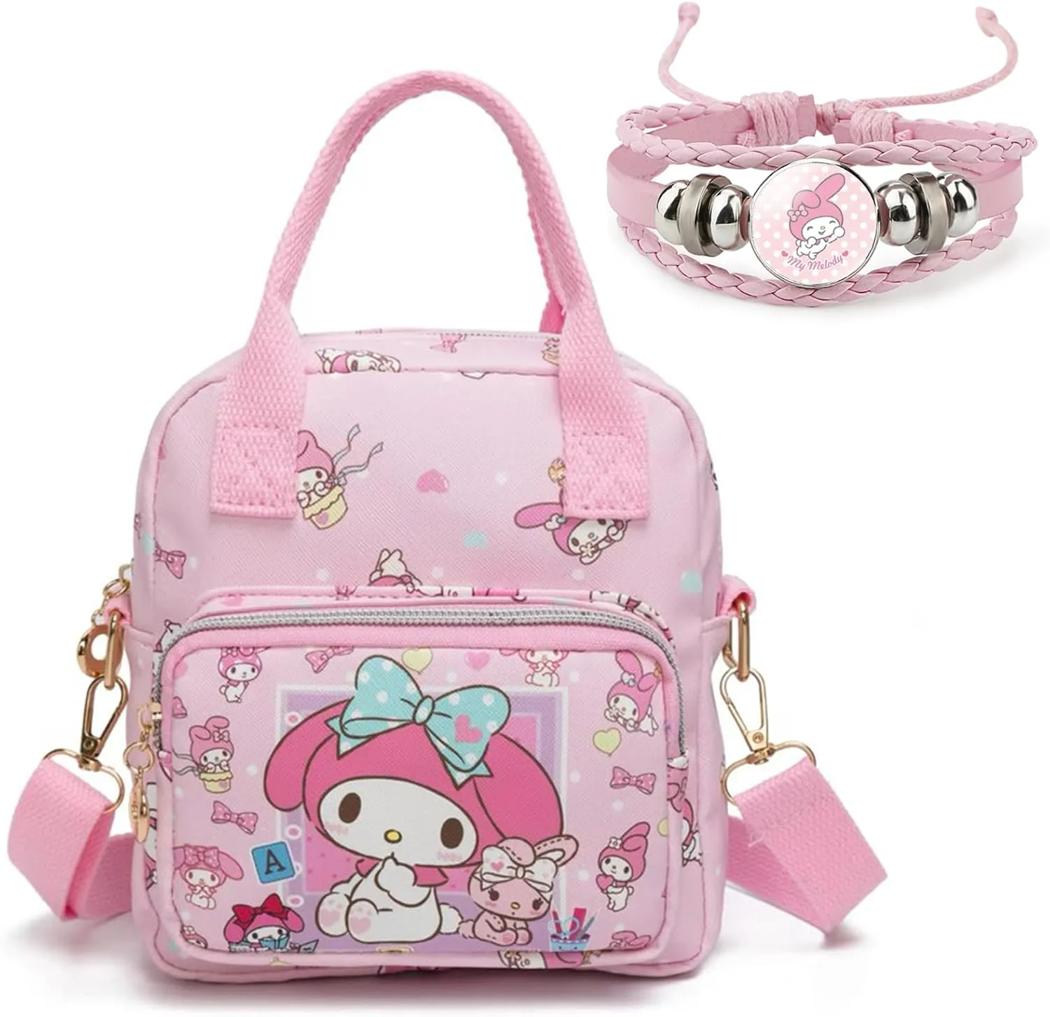 Rondlaho Kawaii Kitty PU Crossbody Bag with Handles Adjustable Shoulder Strap and Bracelet, Handbag with Zipper, Wallet Purse