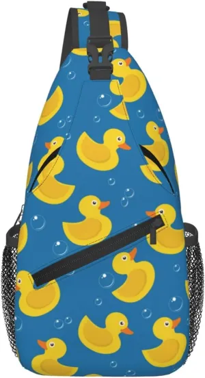 Rubber Duck Sling Bag for Women Men Yellow Rubber Ducks and Soap Bubbles on Blue background Crossbody Backpack Cute Toy Ducky Sling Backpack Casual Shoulder Bag Gym Travel Hiking Daypack