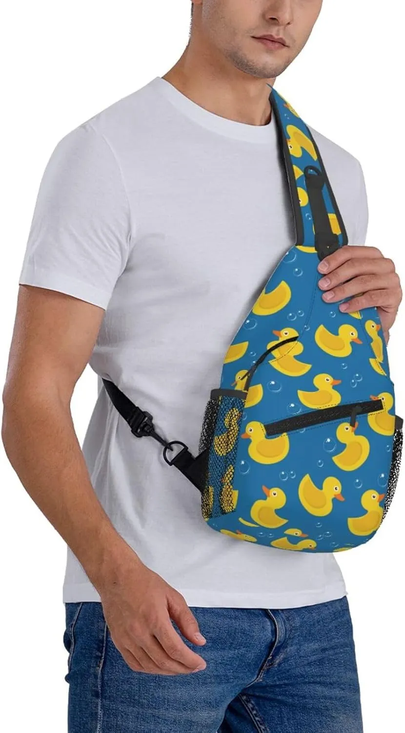 Rubber Duck Sling Bag for Women Men Yellow Rubber Ducks and Soap Bubbles on Blue background Crossbody Backpack Cute Toy Ducky Sling Backpack Casual Shoulder Bag Gym Travel Hiking Daypack