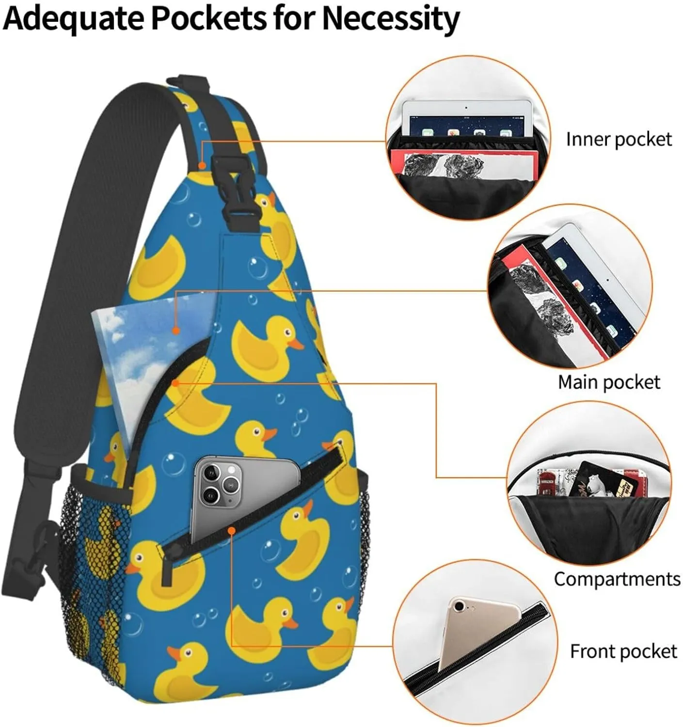 Rubber Duck Sling Bag for Women Men Yellow Rubber Ducks and Soap Bubbles on Blue background Crossbody Backpack Cute Toy Ducky Sling Backpack Casual Shoulder Bag Gym Travel Hiking Daypack