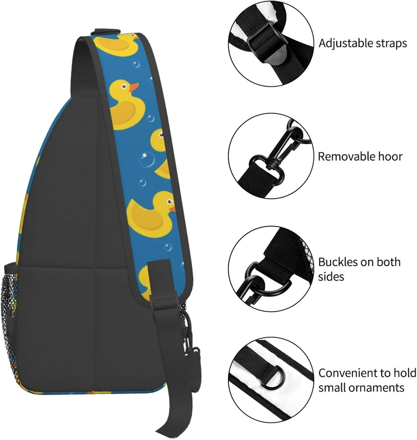 Rubber Duck Sling Bag for Women Men Yellow Rubber Ducks and Soap Bubbles on Blue background Crossbody Backpack Cute Toy Ducky Sling Backpack Casual Shoulder Bag Gym Travel Hiking Daypack
