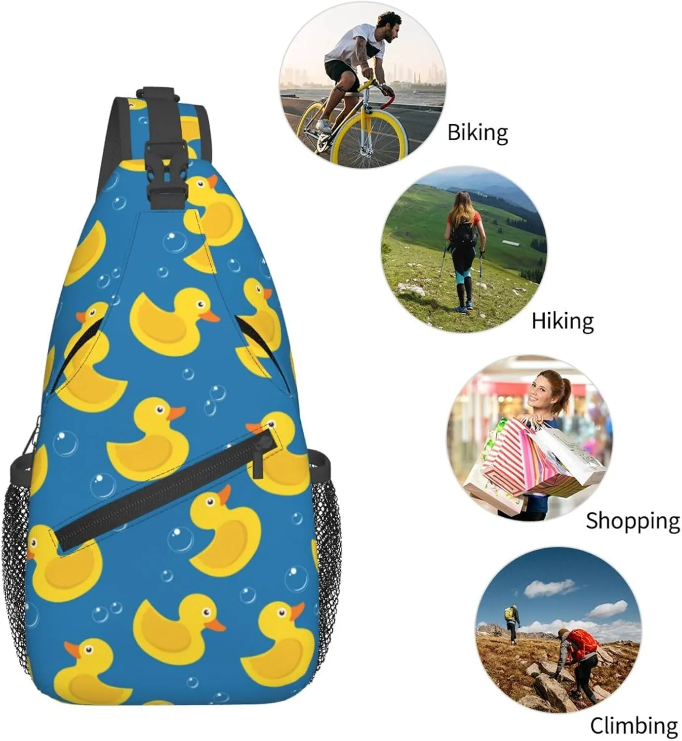Rubber Duck Sling Bag for Women Men Yellow Rubber Ducks and Soap Bubbles on Blue background Crossbody Backpack Cute Toy Ducky Sling Backpack Casual Shoulder Bag Gym Travel Hiking Daypack
