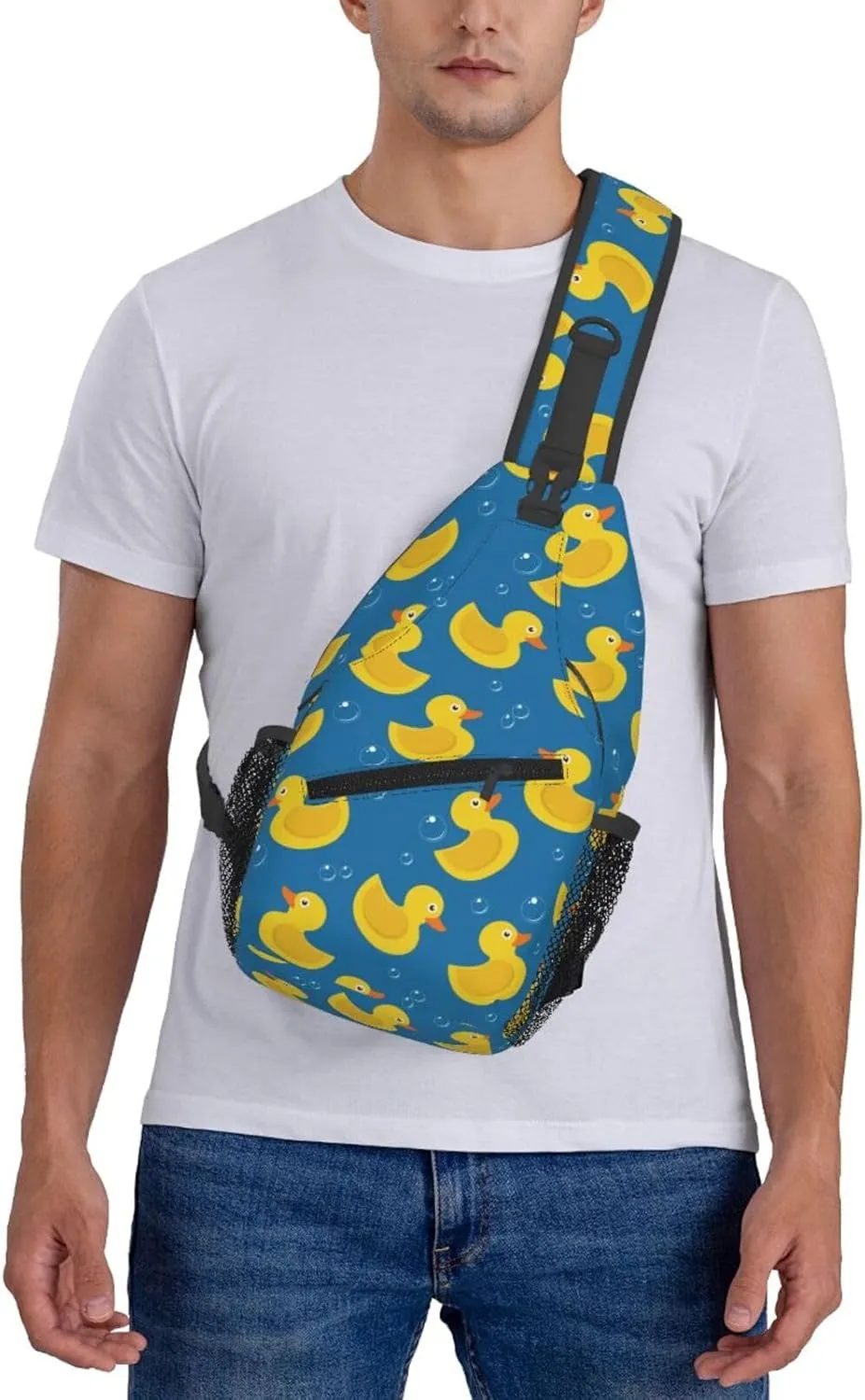Rubber Duck Sling Bag for Women Men Yellow Rubber Ducks and Soap Bubbles on Blue background Crossbody Backpack Cute Toy Ducky Sling Backpack Casual Shoulder Bag Gym Travel Hiking Daypack
