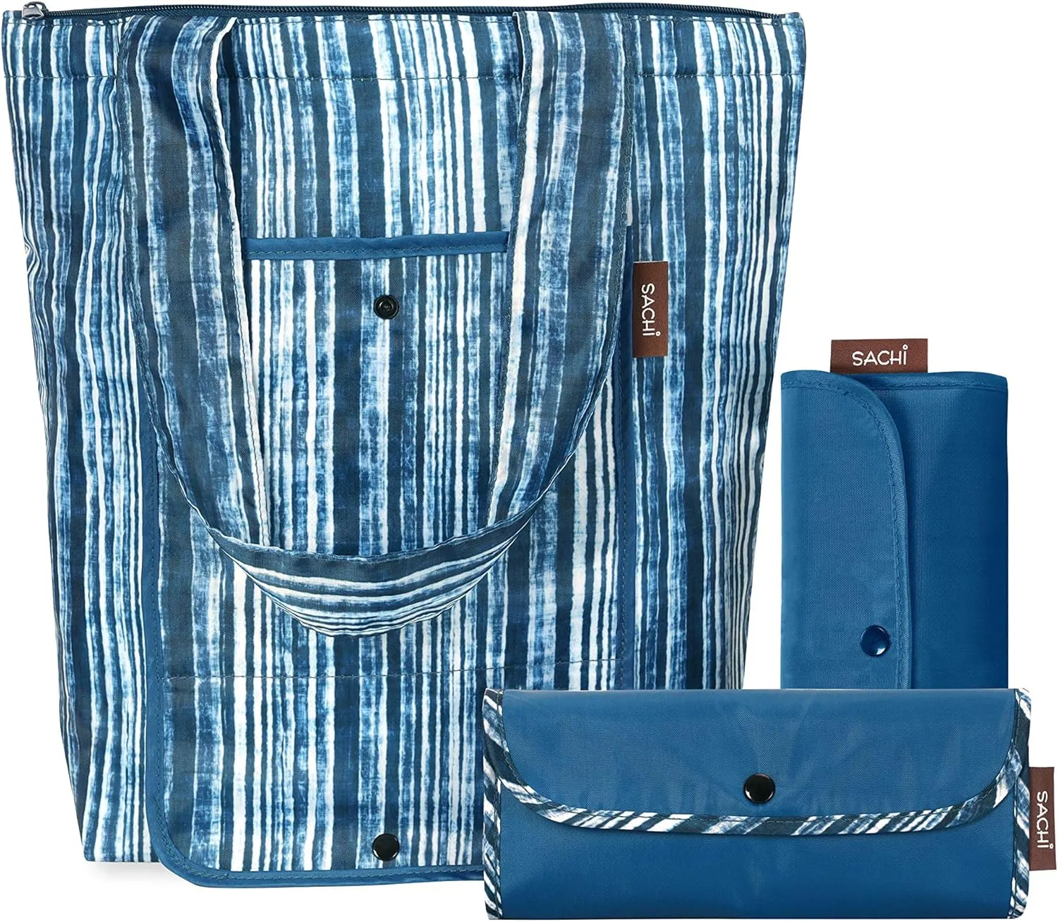 Sachi 3 Piece Market Tote Set – Insulated Thermal Reusable Grocery Bags for Cold and Hot Foods – Lightweight, Portable and Fold-able (Blue Denim Stripes)