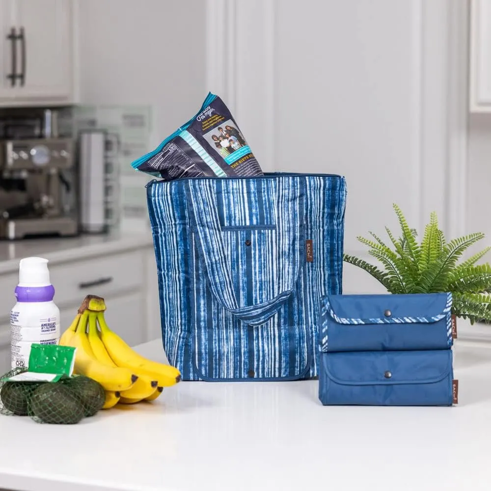 Sachi 3 Piece Market Tote Set – Insulated Thermal Reusable Grocery Bags for Cold and Hot Foods – Lightweight, Portable and Fold-able (Blue Denim Stripes)