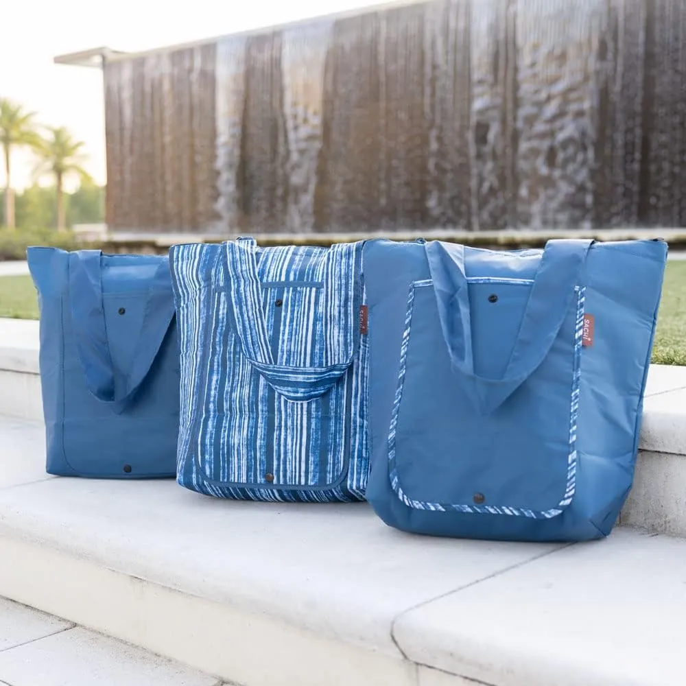 Sachi 3 Piece Market Tote Set – Insulated Thermal Reusable Grocery Bags for Cold and Hot Foods – Lightweight, Portable and Fold-able (Blue Denim Stripes)