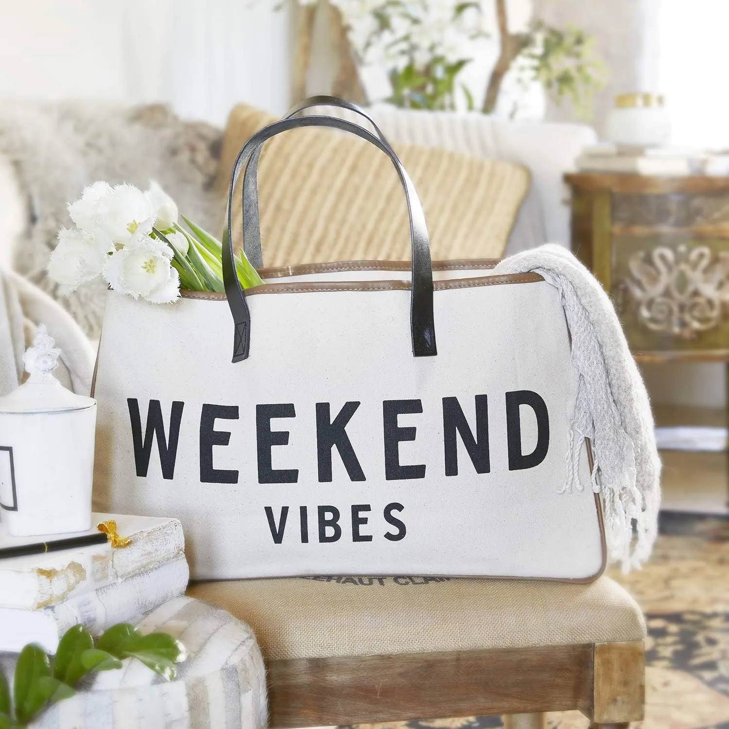 Santa Barbara Design Studio Tote Bag Hold Everything Collection Black and White 100% Cotton Canvas with Leather Handles