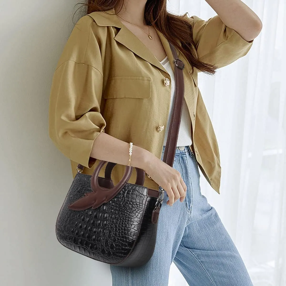 Satchel Bag for Women Crocodile-Embossed Pattern Handbag Ring Top Handle Shoulder Bag Embossed Leather Tote Purse
