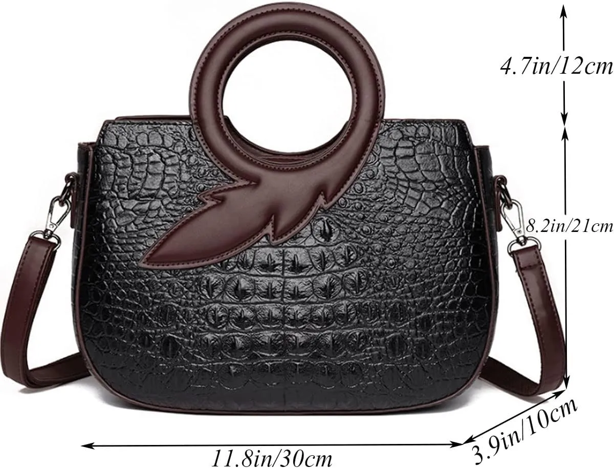 Satchel Bag for Women Crocodile-Embossed Pattern Handbag Ring Top Handle Shoulder Bag Embossed Leather Tote Purse