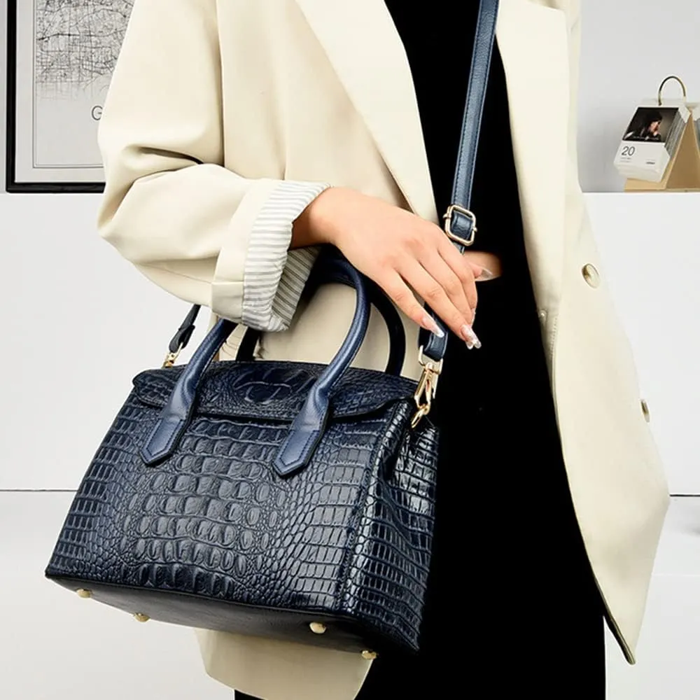 Satchel Tote Purse for Women Crocodile Pattern Embossed Top-handle Handbags Fuax Leather Shoulder Bag