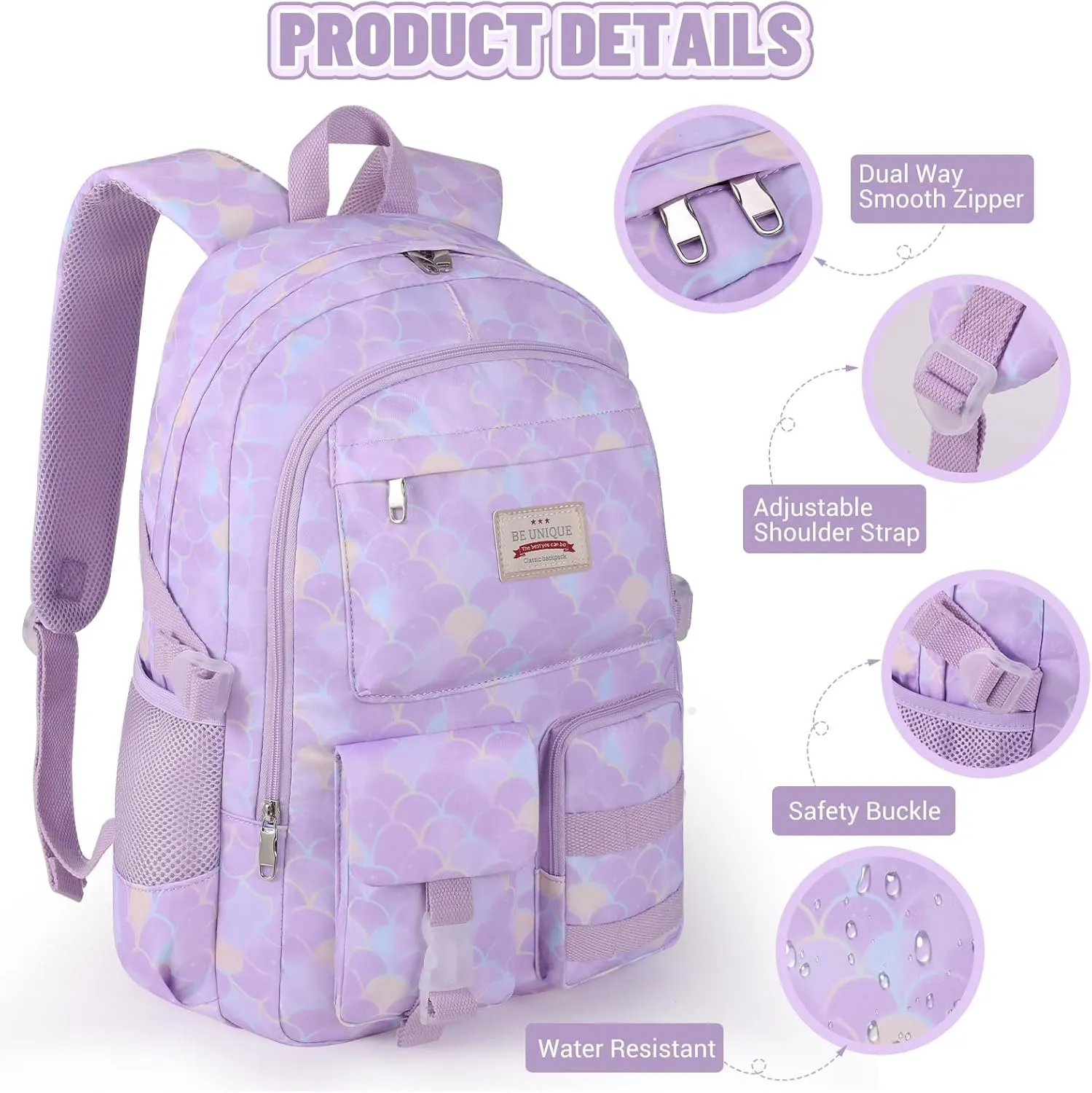 SCIONE School Backpacks for Girls - 15.6 Inch Large Mermaid Laptop Backpacks Anti Theft Primary Middle College Bookbags for Teens Girls Women Students