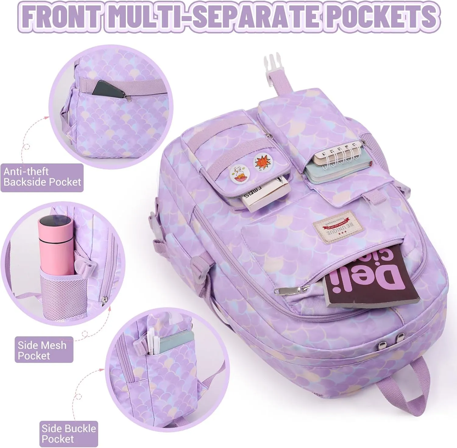 SCIONE School Backpacks for Girls - 15.6 Inch Large Mermaid Laptop Backpacks Anti Theft Primary Middle College Bookbags for Teens Girls Women Students