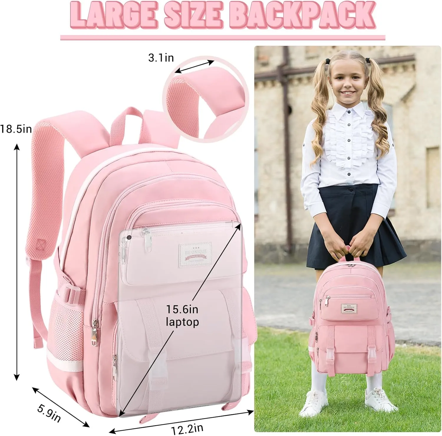 SCIONE School Backpacks for Teen Girls-Pink Laptop Backpacks 15.6 Inch Primary Middle College Bookbag Travel Daypack Bags for Teens Girls Women Students