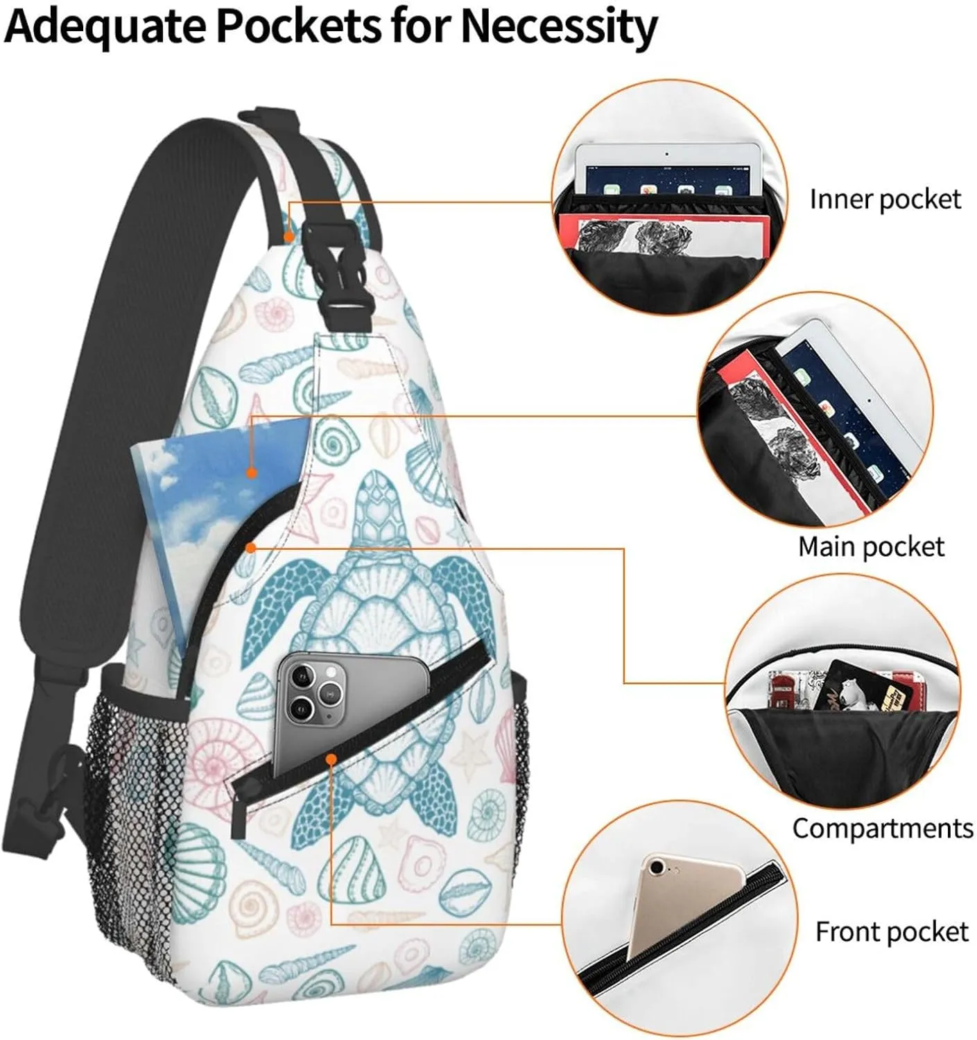 Sea Turtle Sling Bag for Women Men Coastal Sea Animal Turtle and Shells in Line Art Style Crossbody Backpack Underwater World Print Sling Backpack Casual Shoulder Bag Travel Hiking Daypack