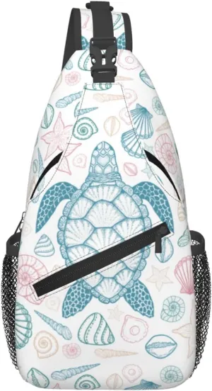 Sea Turtle Sling Bag for Women Men Coastal Sea Animal Turtle and Shells in Line Art Style Crossbody Backpack Underwater World Print Sling Backpack Casual Shoulder Bag Travel Hiking Daypack
