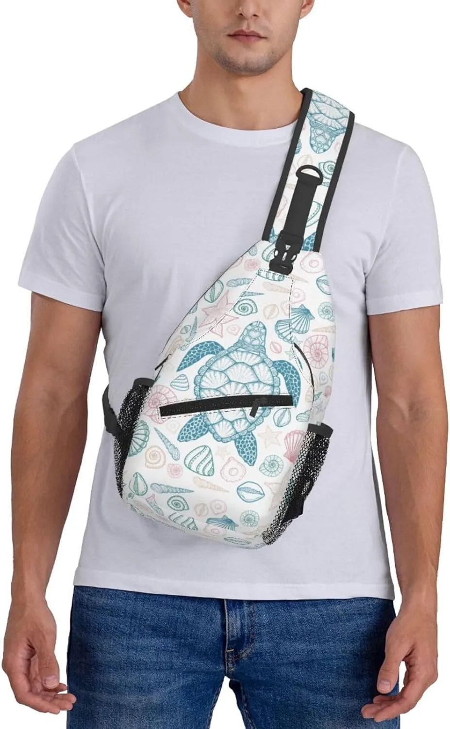 Sea Turtle Sling Bag for Women Men Coastal Sea Animal Turtle and Shells in Line Art Style Crossbody Backpack Underwater World Print Sling Backpack Casual Shoulder Bag Travel Hiking Daypack