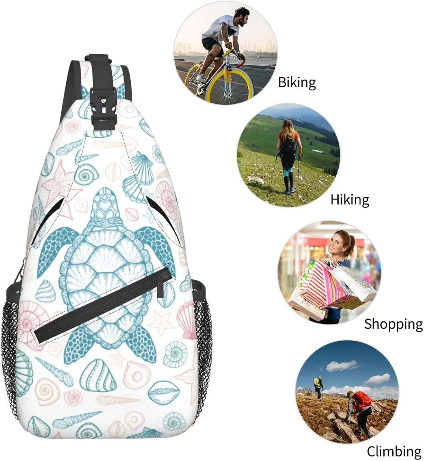 Sea Turtle Sling Bag for Women Men Coastal Sea Animal Turtle and Shells in Line Art Style Crossbody Backpack Underwater World Print Sling Backpack Casual Shoulder Bag Travel Hiking Daypack