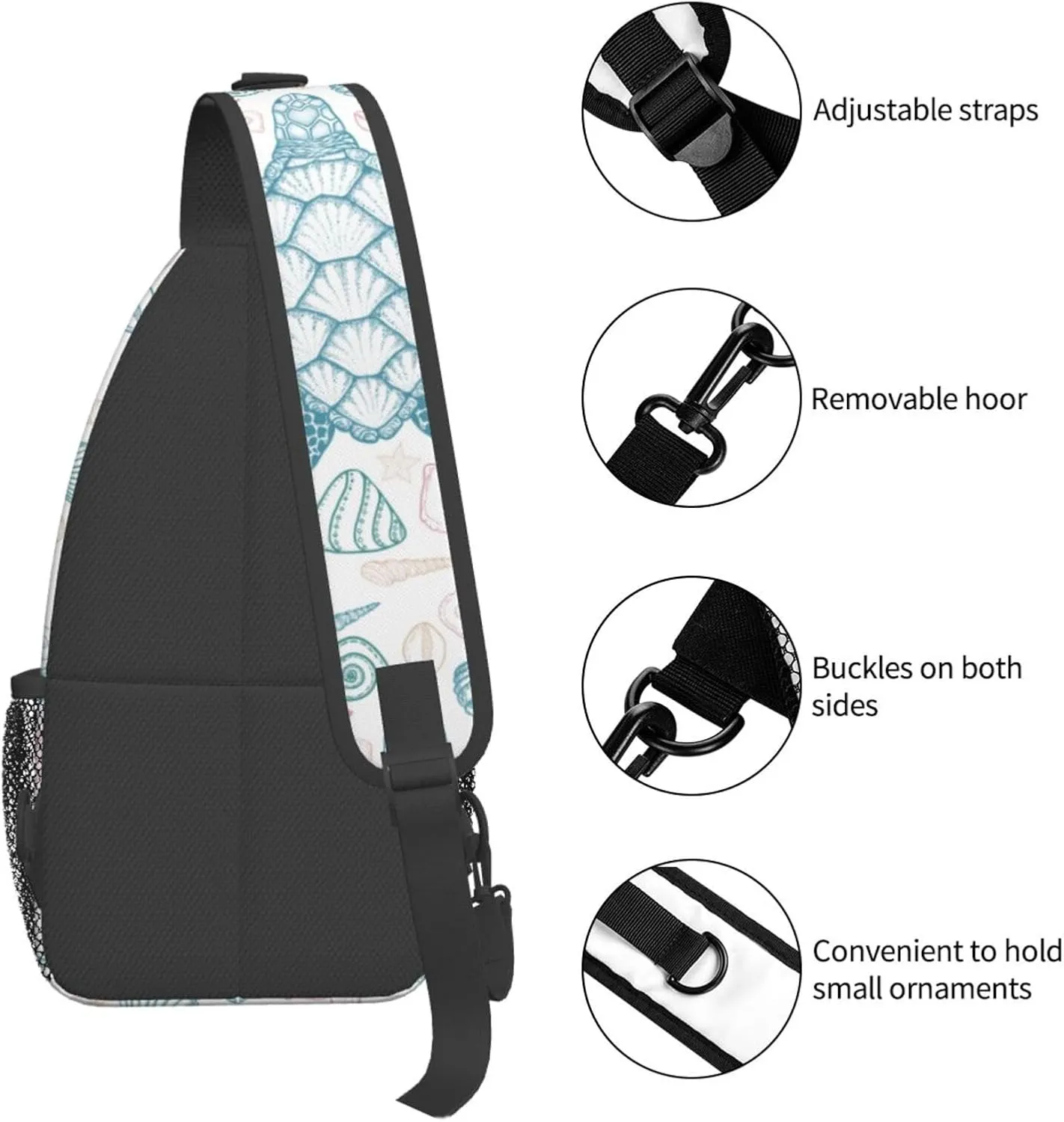 Sea Turtle Sling Bag for Women Men Coastal Sea Animal Turtle and Shells in Line Art Style Crossbody Backpack Underwater World Print Sling Backpack Casual Shoulder Bag Travel Hiking Daypack