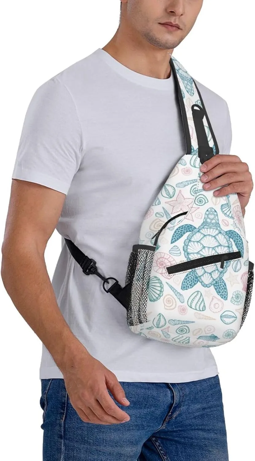 Sea Turtle Sling Bag for Women Men Coastal Sea Animal Turtle and Shells in Line Art Style Crossbody Backpack Underwater World Print Sling Backpack Casual Shoulder Bag Travel Hiking Daypack