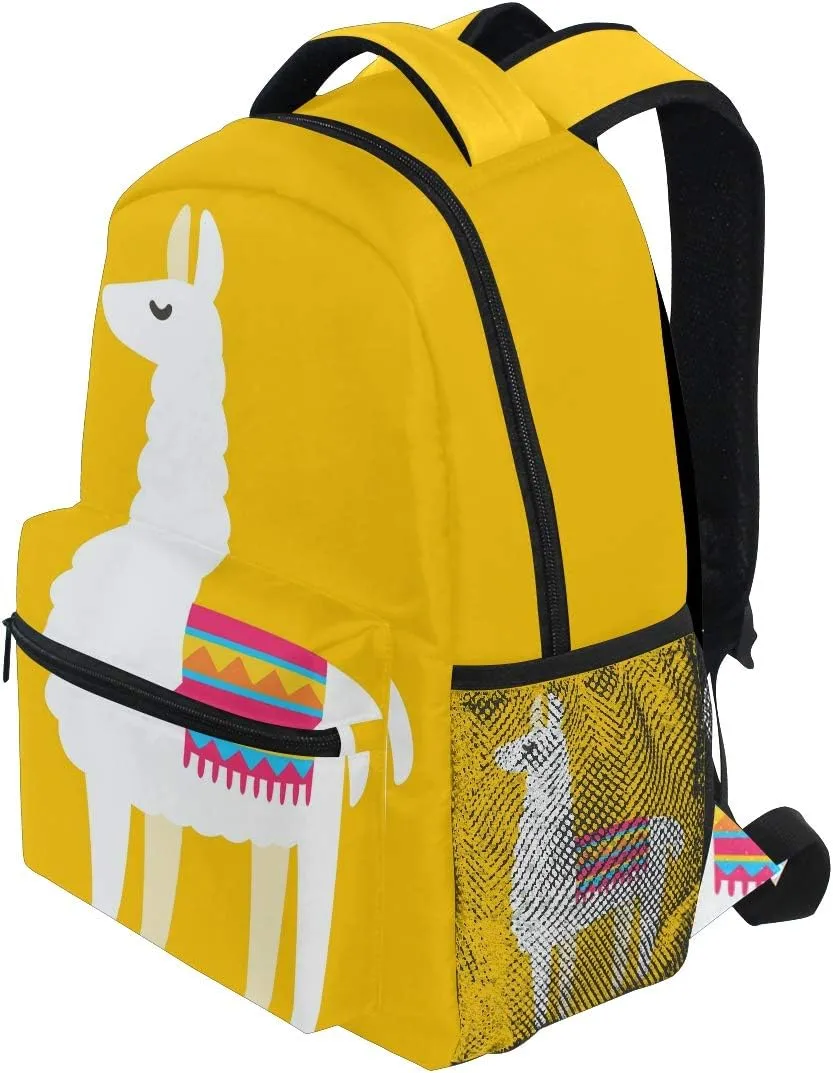 senya School Backpack Yellow Background Llama Bookbag for Boys Girls Travel Bag
