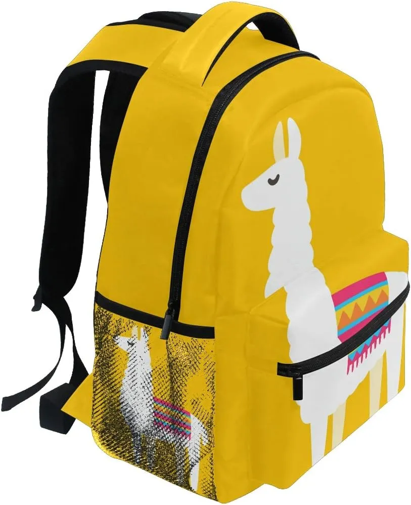 senya School Backpack Yellow Background Llama Bookbag for Boys Girls Travel Bag