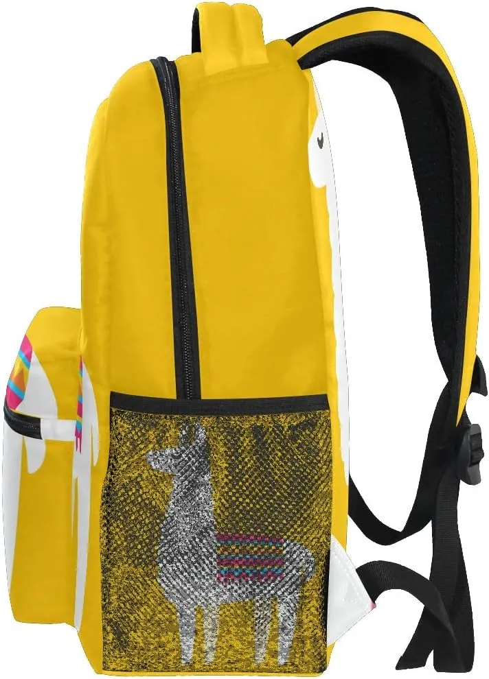 senya School Backpack Yellow Background Llama Bookbag for Boys Girls Travel Bag
