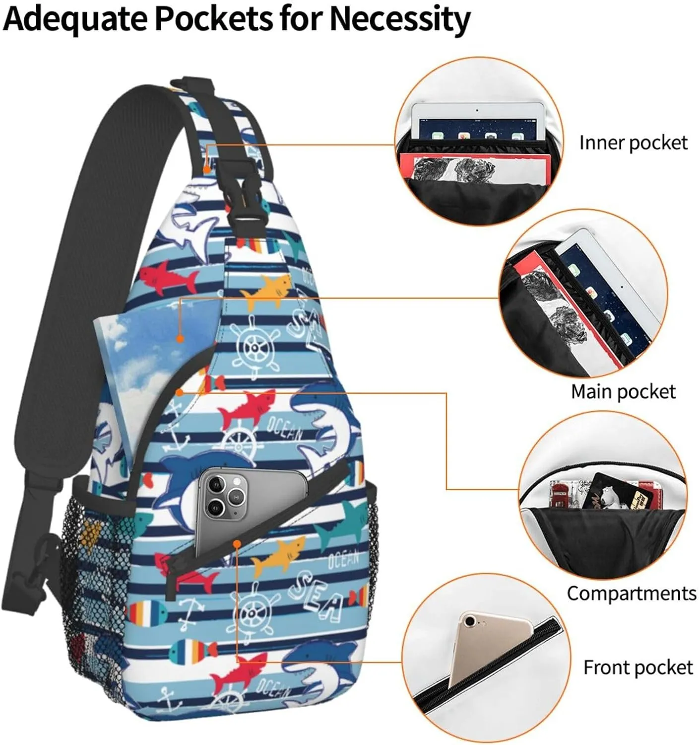 Shark Sling Backpack Chest Bag Crossbody Shoulder Bag Gym Cycling Travel Hiking Daypack For Men Women