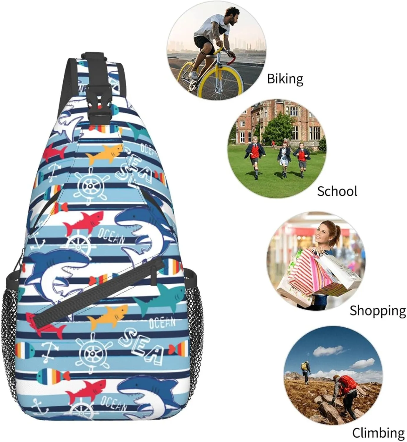 Shark Sling Backpack Chest Bag Crossbody Shoulder Bag Gym Cycling Travel Hiking Daypack For Men Women