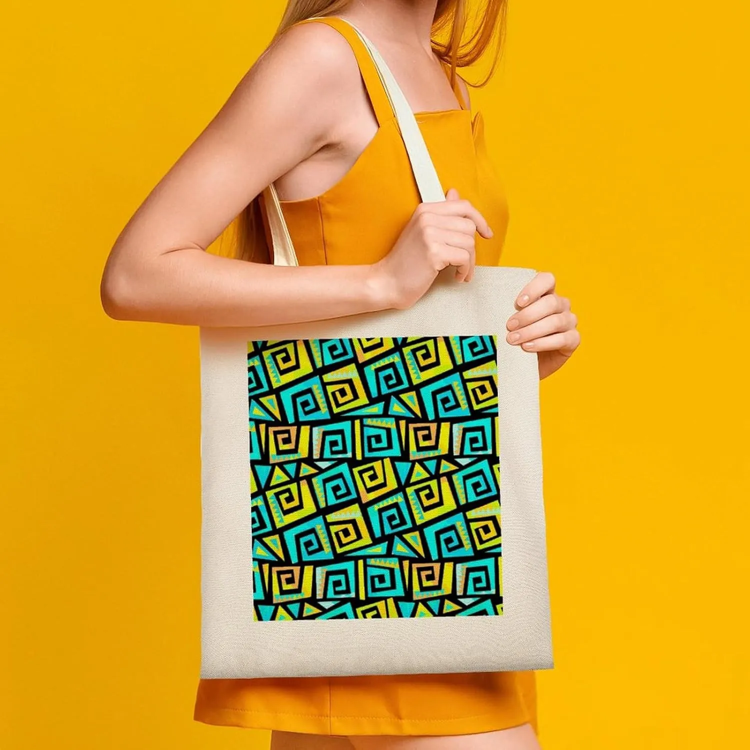Shopping Tote Bag, Insulated Cooler Thermal Reusable Bag Lunch Box Portable Handbag Made in USA Print Graffiti Geometric Motif, Funky Style Yellow and Turquoise Swirls