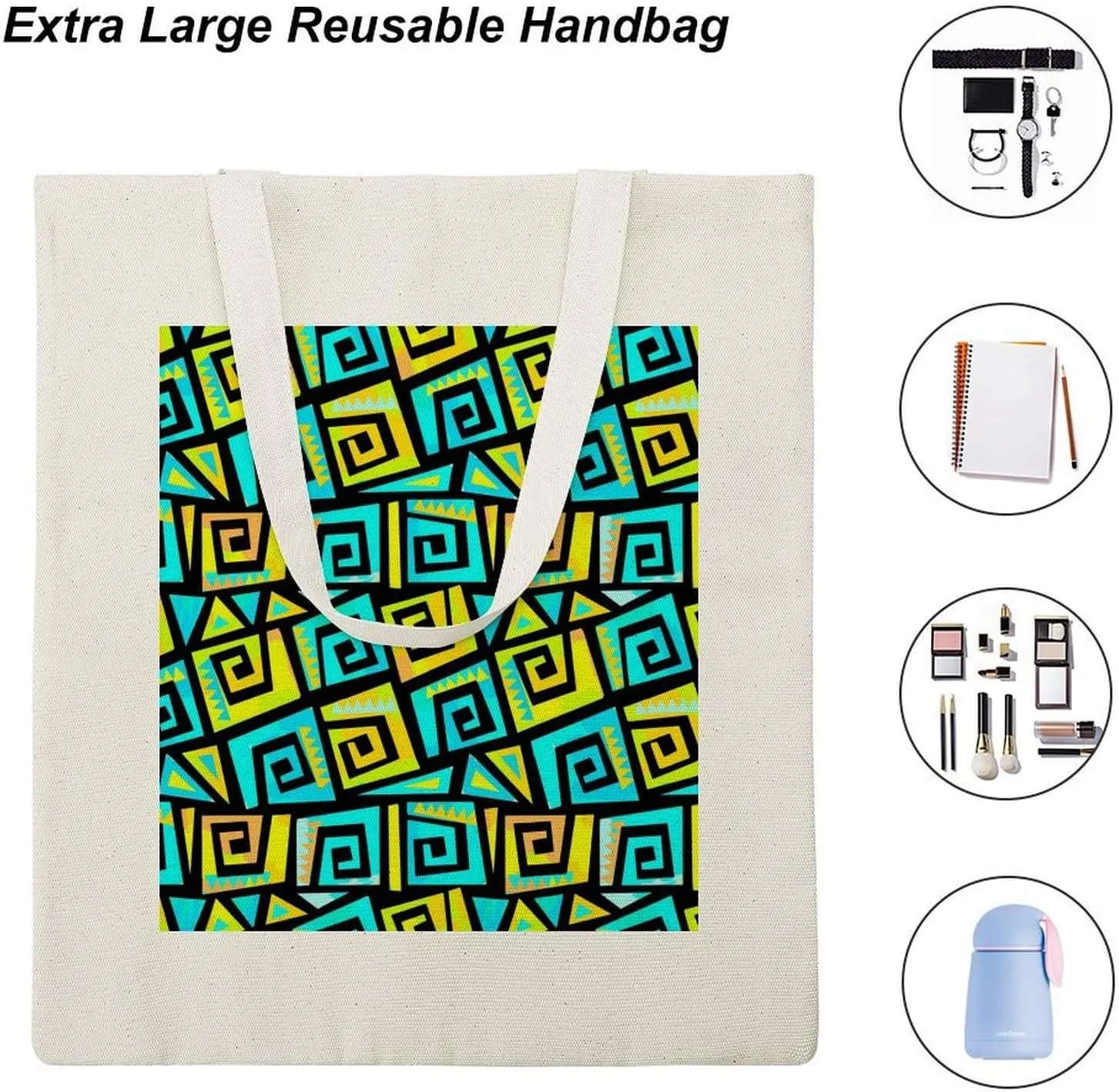 Shopping Tote Bag, Insulated Cooler Thermal Reusable Bag Lunch Box Portable Handbag Made in USA Print Graffiti Geometric Motif, Funky Style Yellow and Turquoise Swirls