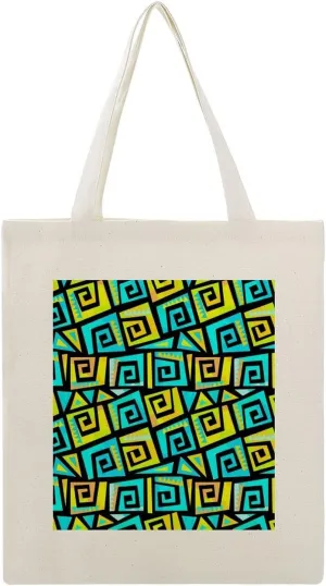 Shopping Tote Bag, Insulated Cooler Thermal Reusable Bag Lunch Box Portable Handbag Made in USA Print Graffiti Geometric Motif, Funky Style Yellow and Turquoise Swirls