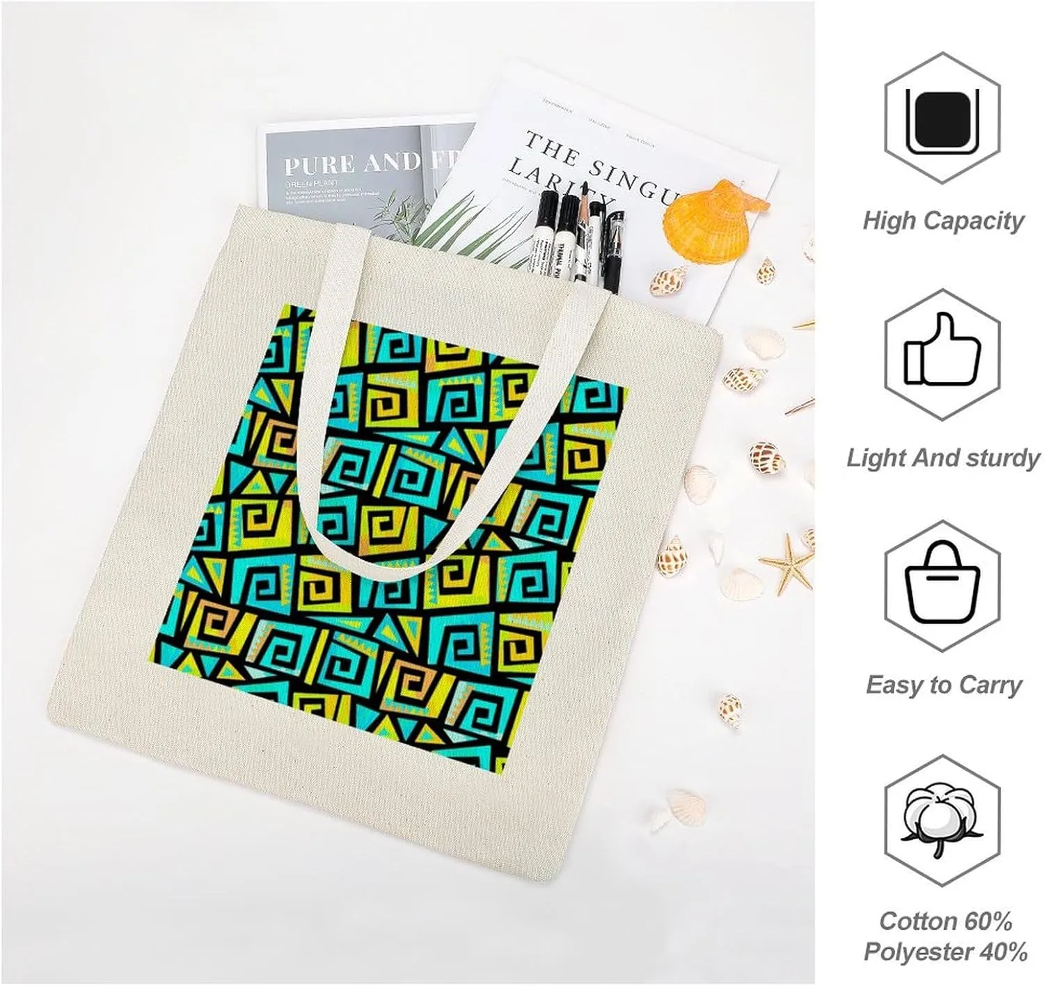 Shopping Tote Bag, Insulated Cooler Thermal Reusable Bag Lunch Box Portable Handbag Made in USA Print Graffiti Geometric Motif, Funky Style Yellow and Turquoise Swirls
