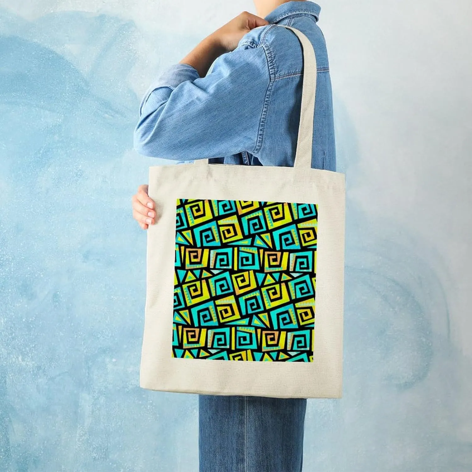 Shopping Tote Bag, Insulated Cooler Thermal Reusable Bag Lunch Box Portable Handbag Made in USA Print Graffiti Geometric Motif, Funky Style Yellow and Turquoise Swirls