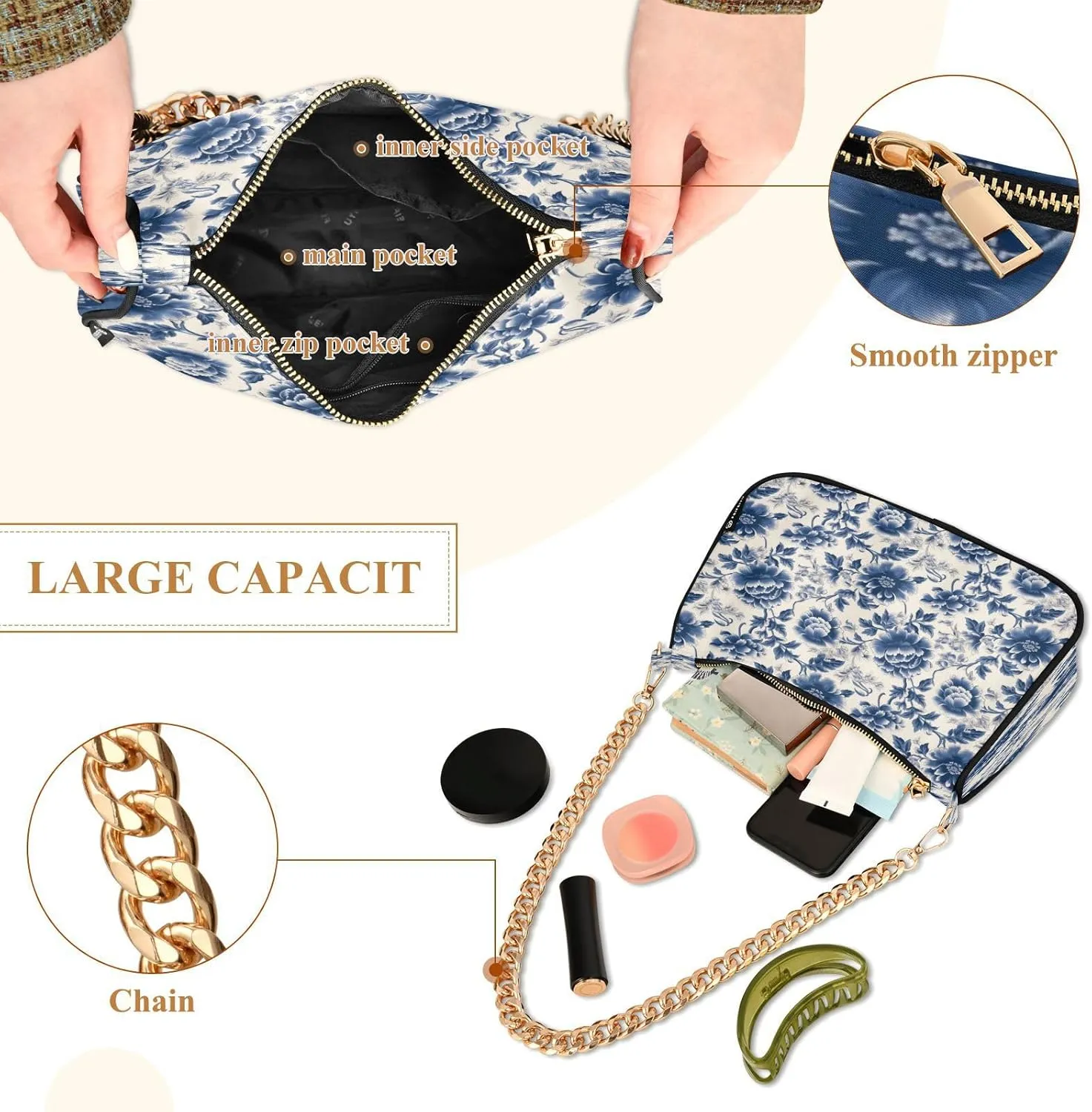Shoulder Bags for Women Flower Floral Hobo Tote Handbag Small Clutch Purse with Zipper Closure