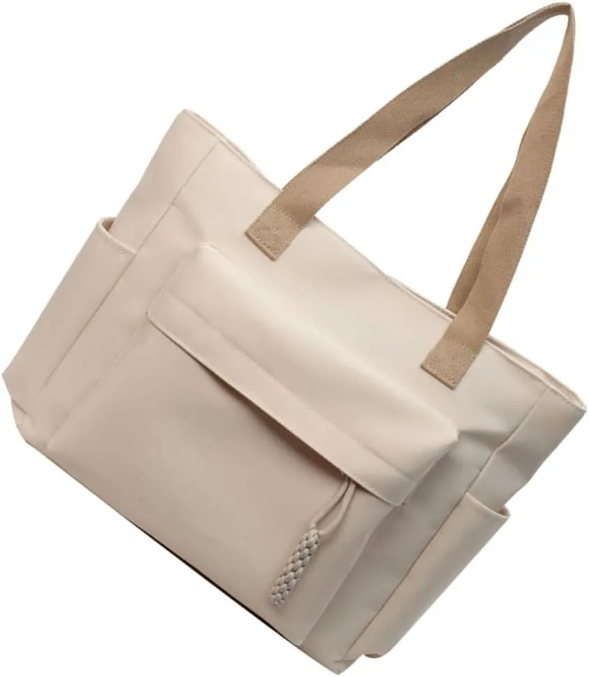 Simple Solid Color Shoulder Bag with Multiple Pockets Casual Large Capacity Womens Fashion Zippered Handbag School Bag