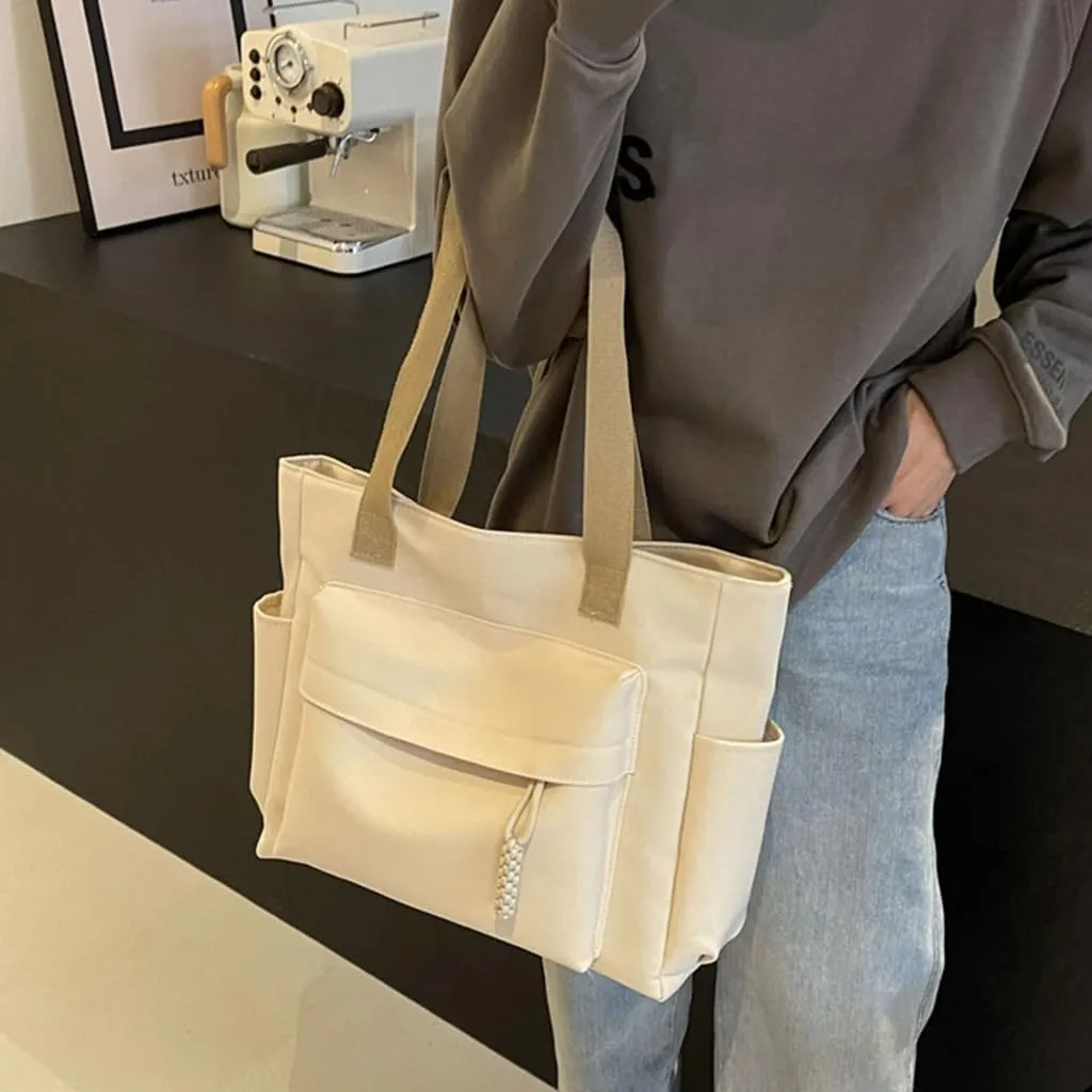 Simple Solid Color Shoulder Bag with Multiple Pockets Casual Large Capacity Womens Fashion Zippered Handbag School Bag