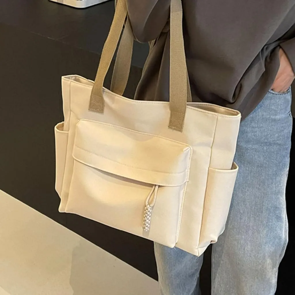 Simple Solid Color Shoulder Bag with Multiple Pockets Casual Large Capacity Womens Fashion Zippered Handbag School Bag