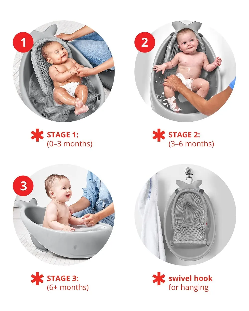Skip Hop Infant Bath Tub 3-Stage Grow With Baby Smart Sling MOBY Bathtub Grey Age 0 