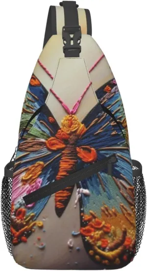 Sling Backpack Bag Crossbody Shoulder Bag Embroidery Butterfly Chest Bag Lightweight Hiking Daypack,Unisex