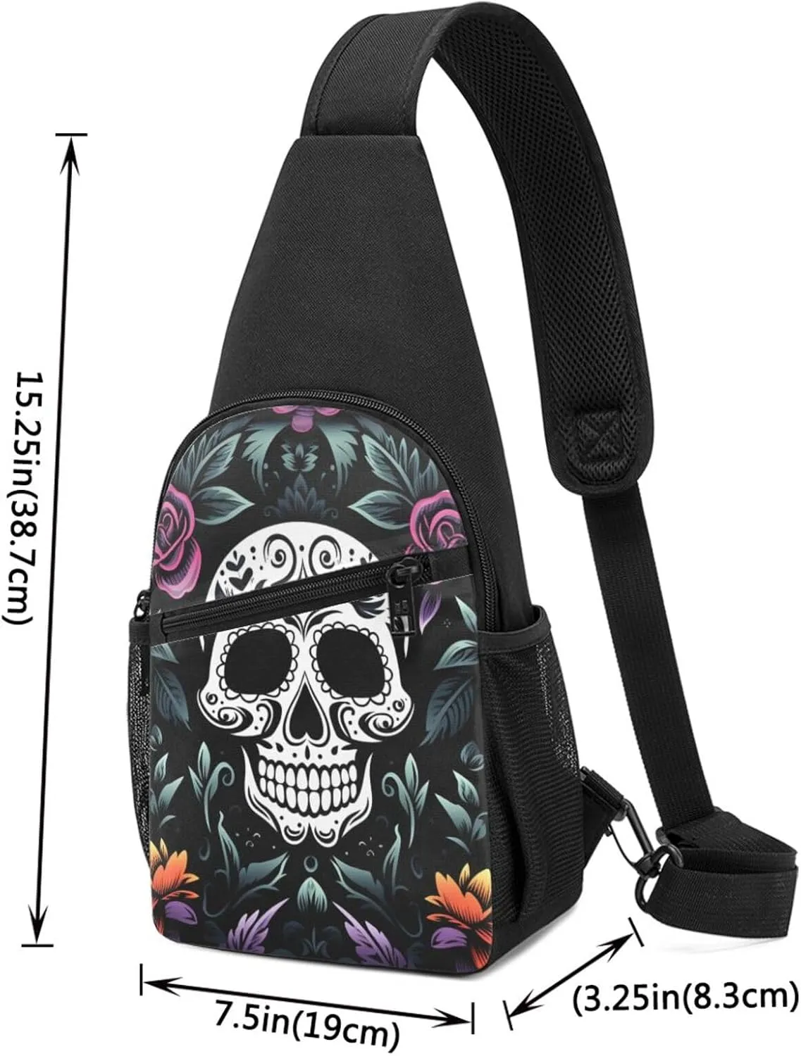 Sling Bag Backpack for Men Women Crossbody Sugar Skulls Floral Flowers Chest Bag Crossbody Bag for Travel Sport Running