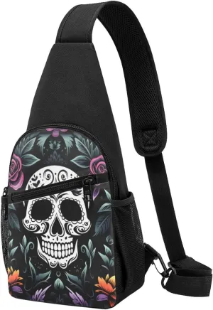 Sling Bag Backpack for Men Women Crossbody Sugar Skulls Floral Flowers Chest Bag Crossbody Bag for Travel Sport Running
