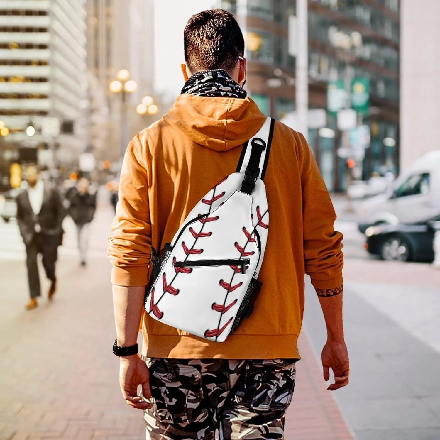 Sling Bag Baseball Stitches Crossbody Backpack with Anti Theft Sport Ball Adjustable Shoulder Bag for Travel,Hiking,Cycling,Camping