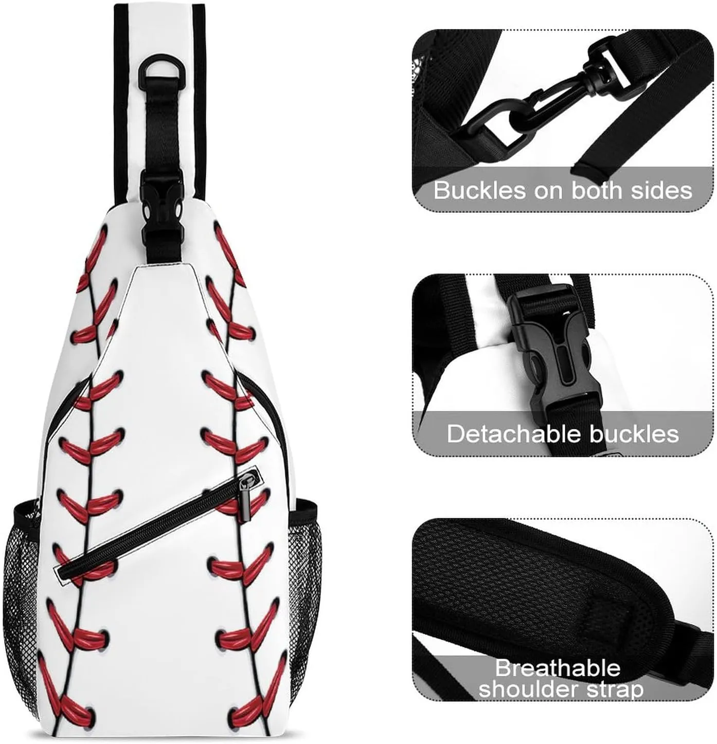 Sling Bag Baseball Stitches Crossbody Backpack with Anti Theft Sport Ball Adjustable Shoulder Bag for Travel,Hiking,Cycling,Camping