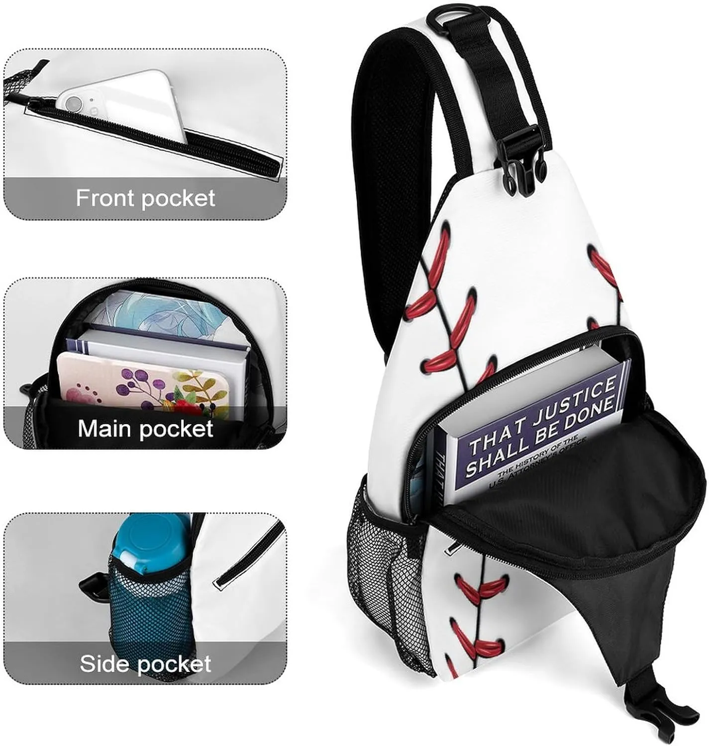 Sling Bag Baseball Stitches Crossbody Backpack with Anti Theft Sport Ball Adjustable Shoulder Bag for Travel,Hiking,Cycling,Camping