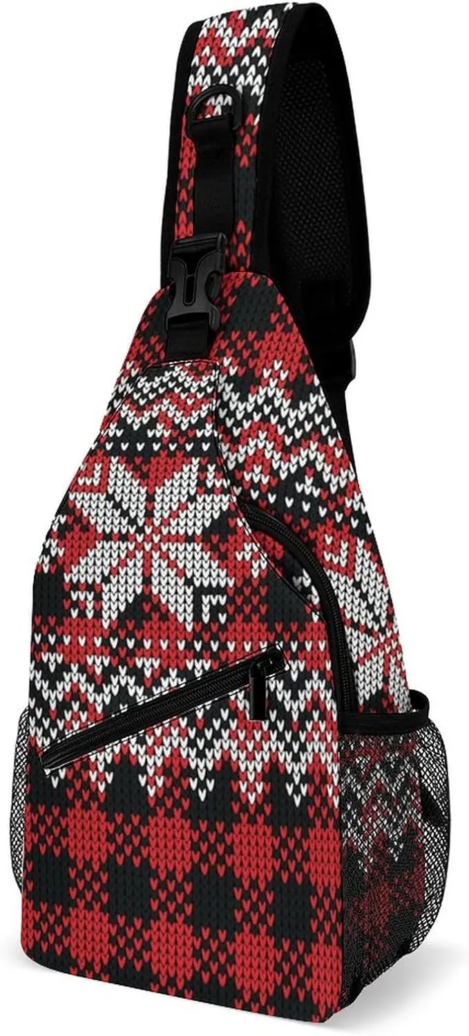 Sling Bag Buffalo Plaid Snowflakes Crossbody Backpack with Anti Theft Christmas New Year Adjustable Shoulder Bag for Travel,Hiking,Cycling,Camping