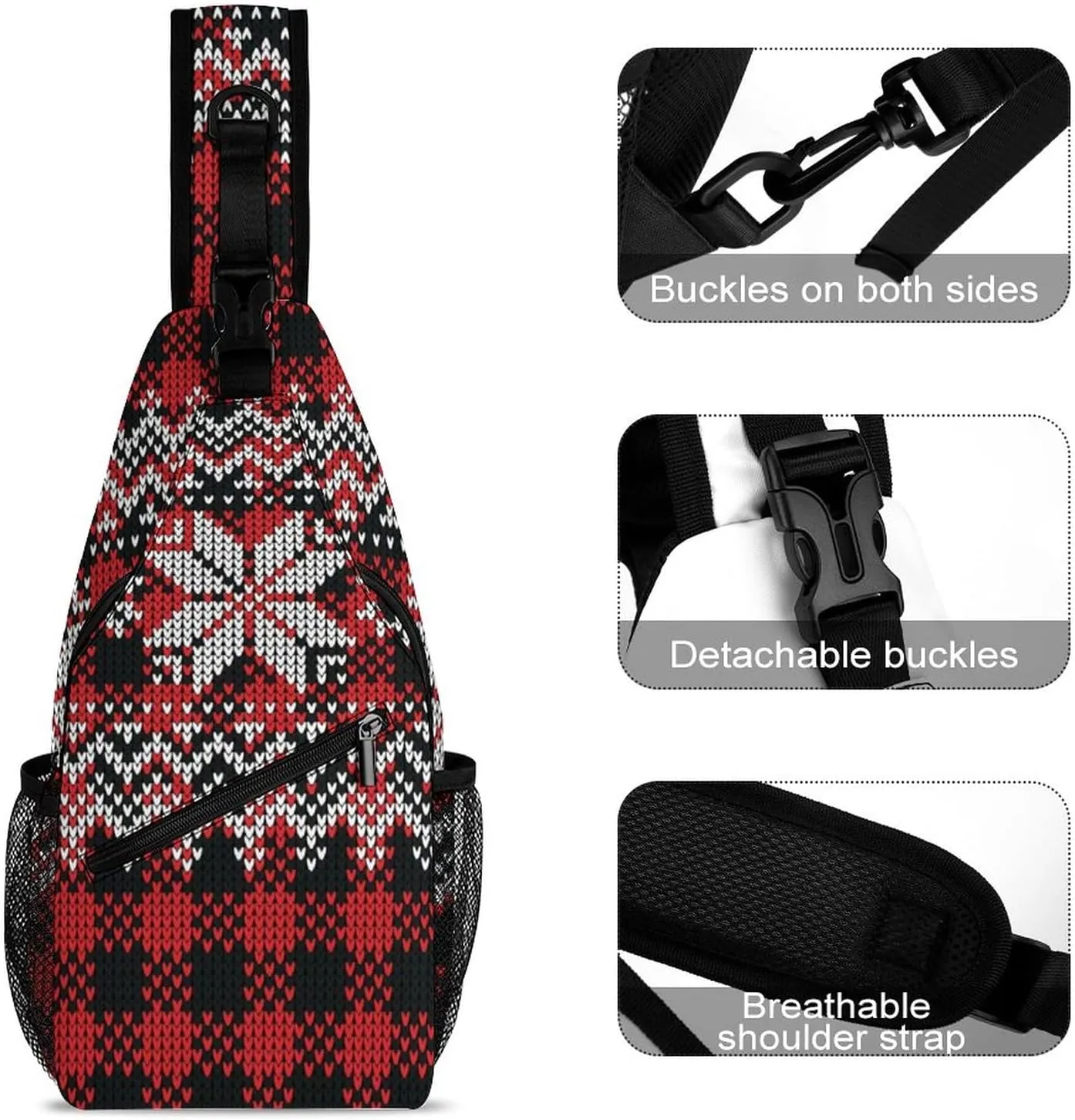 Sling Bag Buffalo Plaid Snowflakes Crossbody Backpack with Anti Theft Christmas New Year Adjustable Shoulder Bag for Travel,Hiking,Cycling,Camping